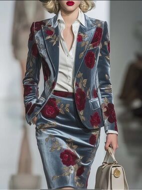 Women’s Gray Velvet Floral Design Outfit Set Blazer Jacket & Skirt Size XXL